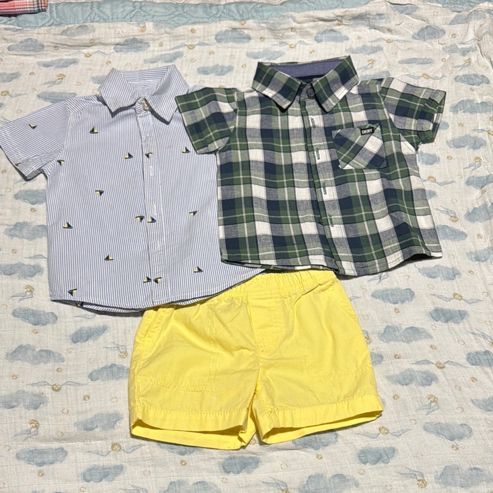 Plaid and Striped Kids Shirt Set with Yellow Shorts